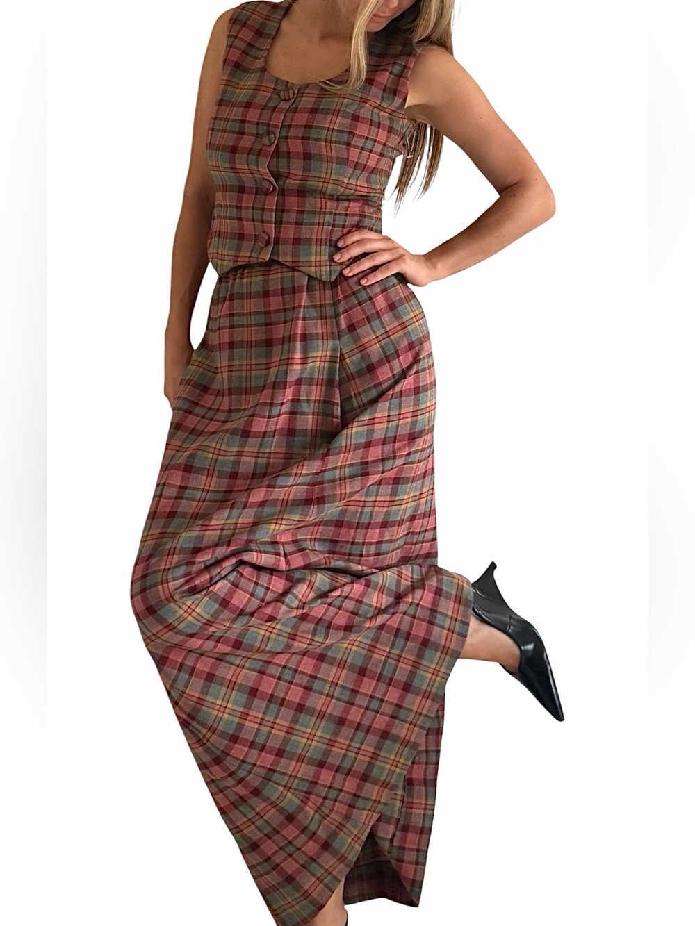 New Handmade Wool-Blend Plaid Vest Maxi Skirt Set Pink/Burgundy XS Retro VTG